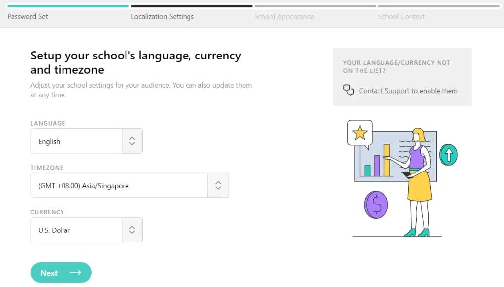 LearnWorlds - Free Trail Sign-up - Language, currency and timezone