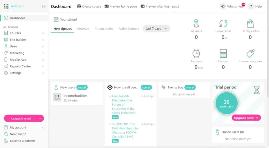 LearnWorlds - Free Trail Sign-up - School Backend Dashboard