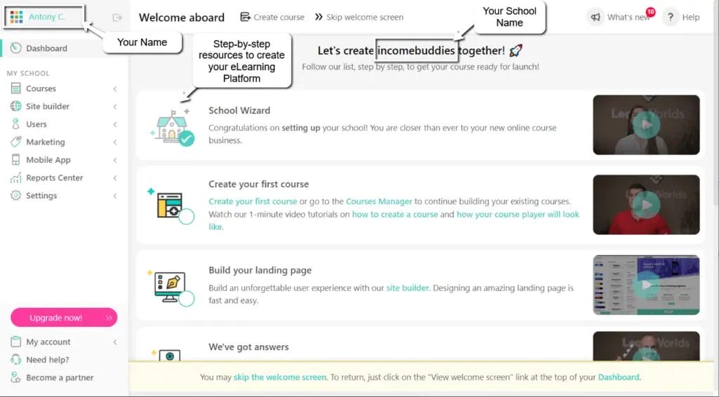LearnWorlds - Free Trail Sign-up - School Creation Dashboard