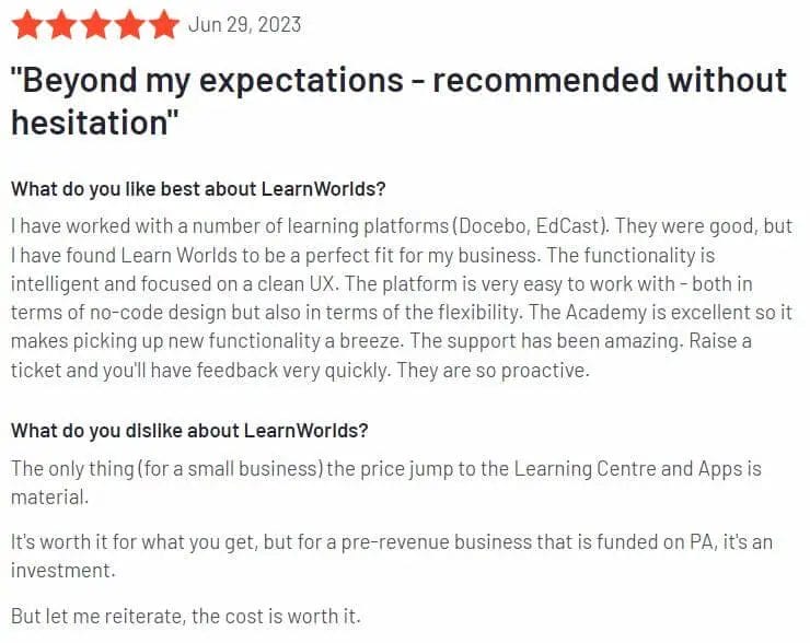 LearnWorlds Pricing - User Review - G2 -1