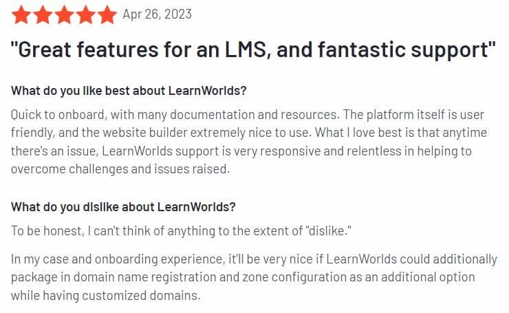 LearnWorlds Pricing - User Review - G2 - 3