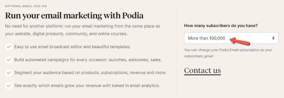 Podia Pricing - Email Marketing - More than 100,000