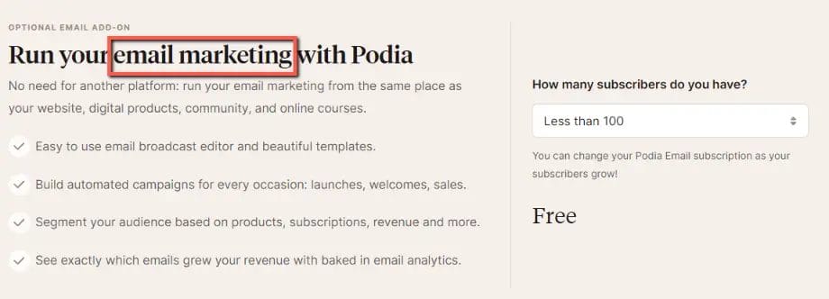 Podia Pricing - Email Marketing