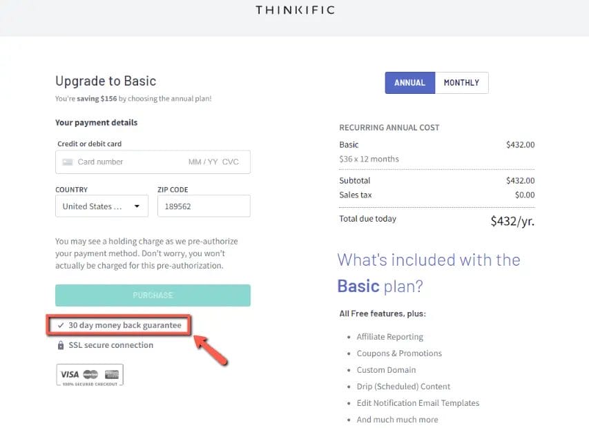 Thinkific Pricing - ThinkiFic Paid Plans 30 Day Money Back Guarantee