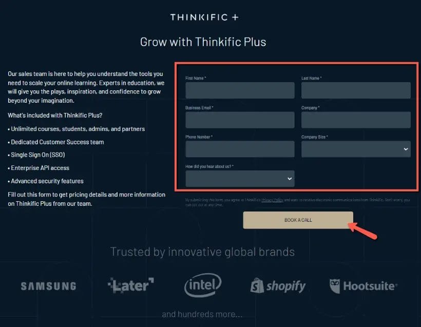 Thinkific Pricing - ThinkiFic Plus Booking A Call