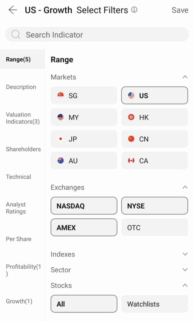 Investing - Stock Screener - Customization