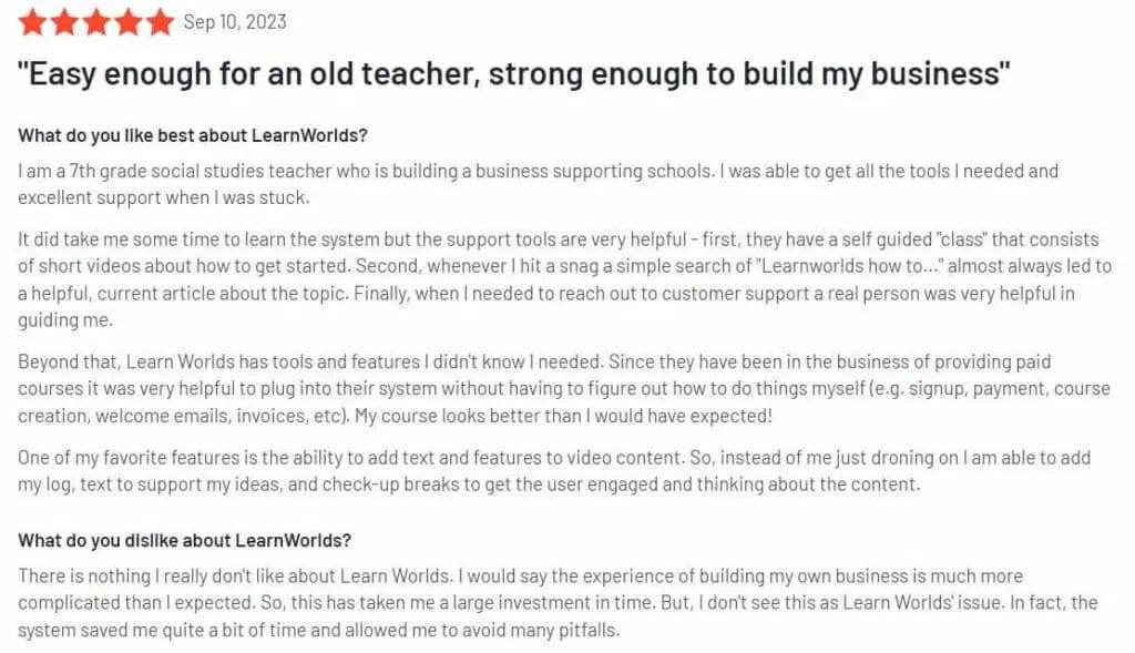 LearnWorlds Free Trial - Review - G2 - Example 1