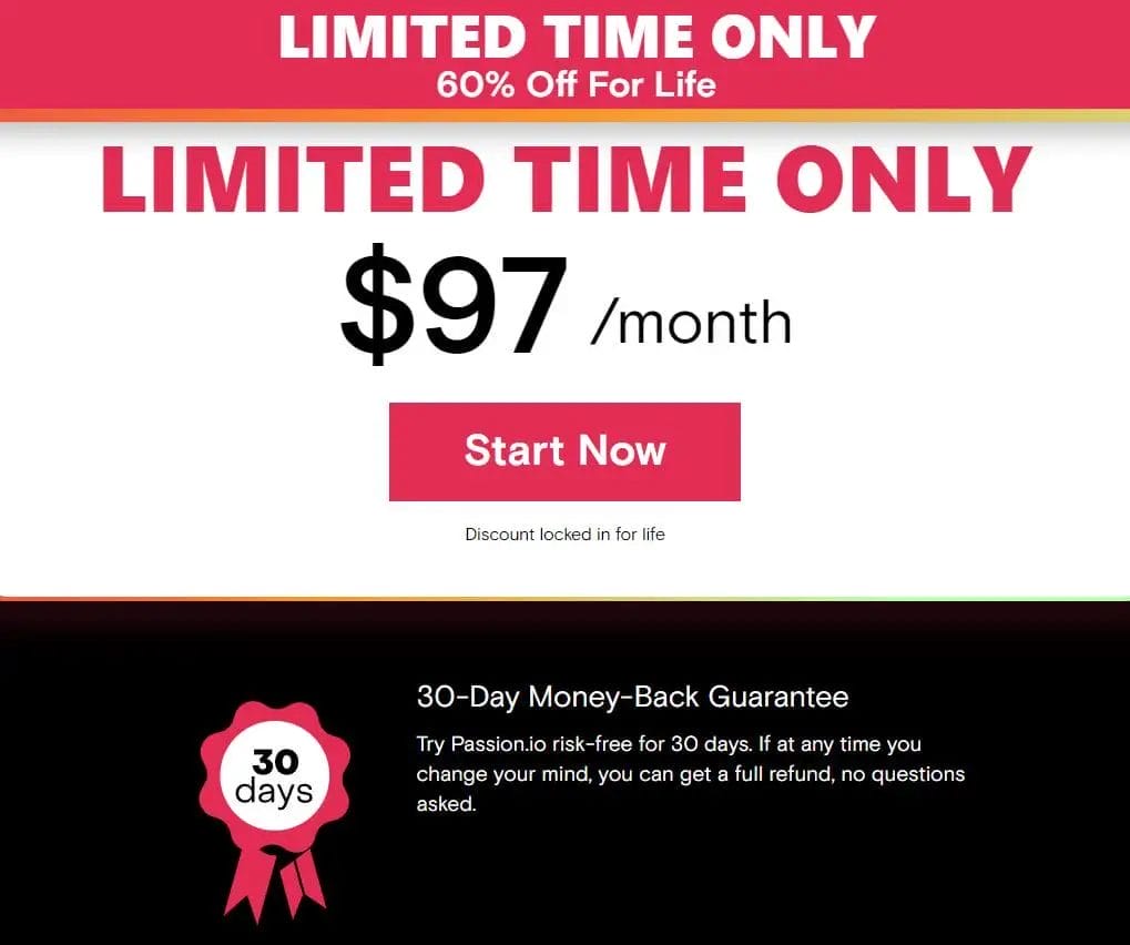Passion.io Pricing Plan Ultimate Plan Lifetime 60 Percent Off Discount Exclusive Discount 30 Day Money Back