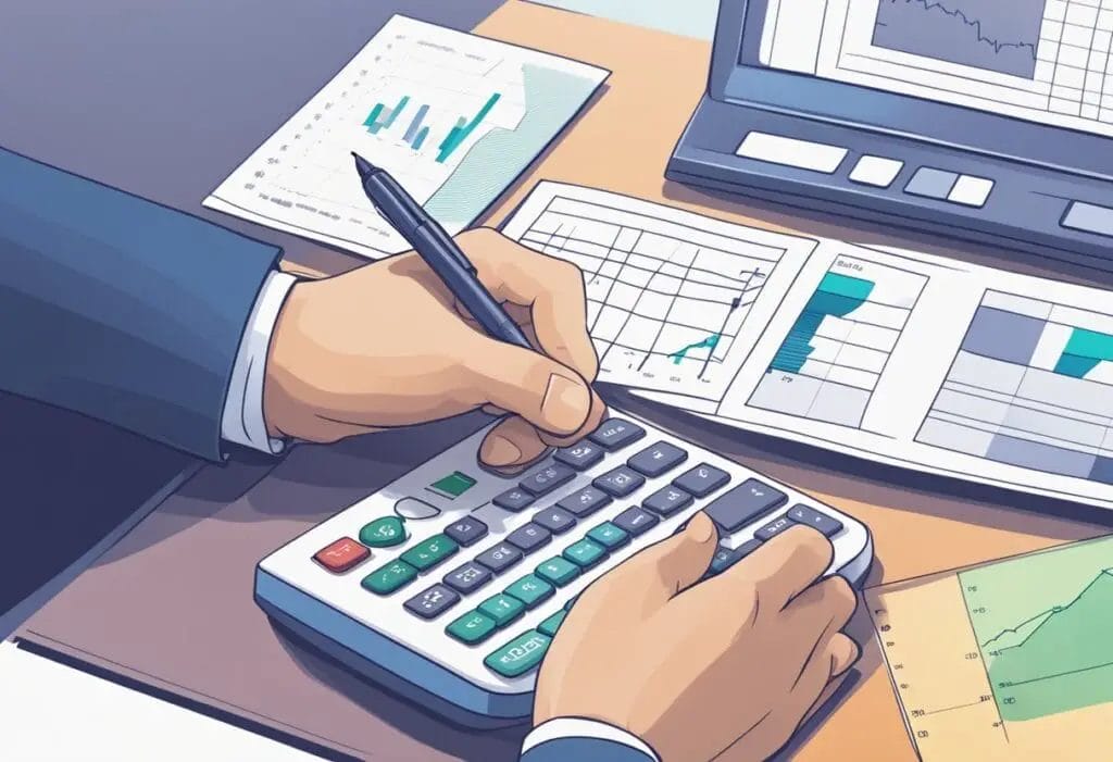 A calculator and financial report lay on a desk. A hand reaches for a pen to calculate P/E ratio. Graphs and charts fill the background