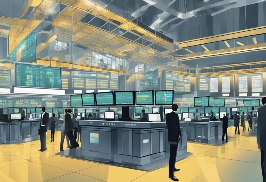 A bustling stock exchange floor with various market contexts displayed on screens, illustrating the diverse interpretations of Price to Sales Ratio for investors