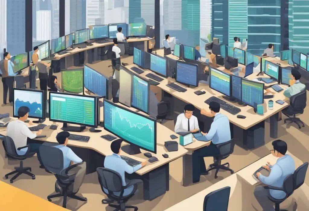 A bustling Singapore financial district with traders analyzing data on computer screens, while others engage in intense discussions about options trading strategies