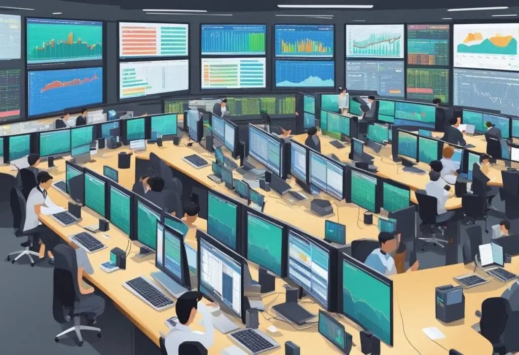 A bustling Singapore trading floor with traders buying and selling call and put options, charts and graphs displayed on screens