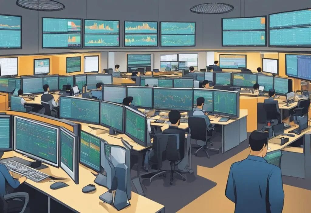 A bustling trading floor in Singapore, with traders analyzing options contracts and monitoring risk levels on computer screens