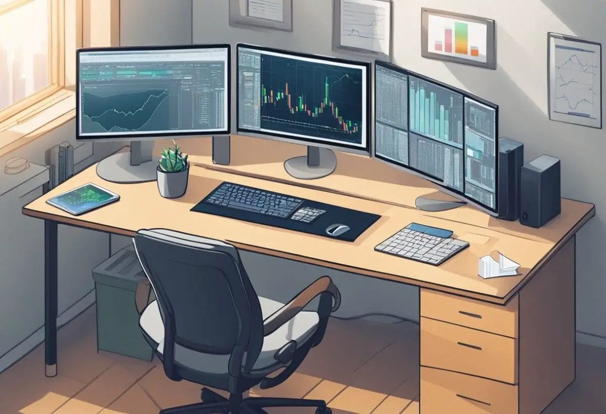 A desk cluttered with computer monitors, charts, and trading software. A phone and notebook sit nearby. The room is filled with natural light