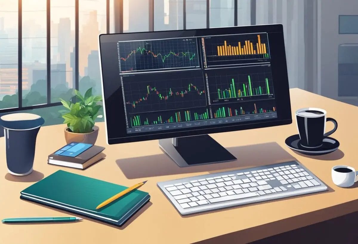 A computer screen with stock charts, a desk with a notebook and pen, a cup of coffee, and a calculator. Books on trading and a phone with trading apps