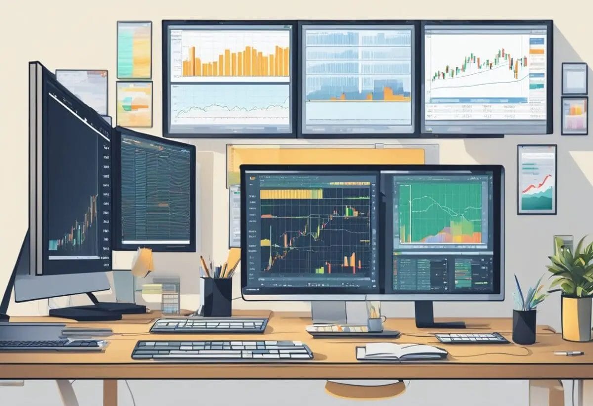 A computer screen displaying stock charts and trading indicators, surrounded by multiple monitors and a desk cluttered with financial books and papers