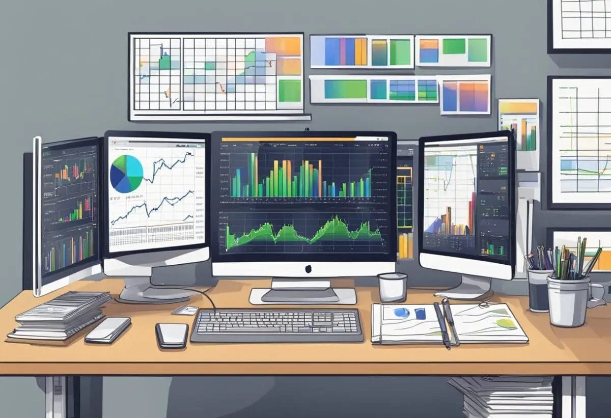 A desk with multiple computer screens displaying stock charts, a phone with multiple lines, a calendar, and a notebook with trading notes
