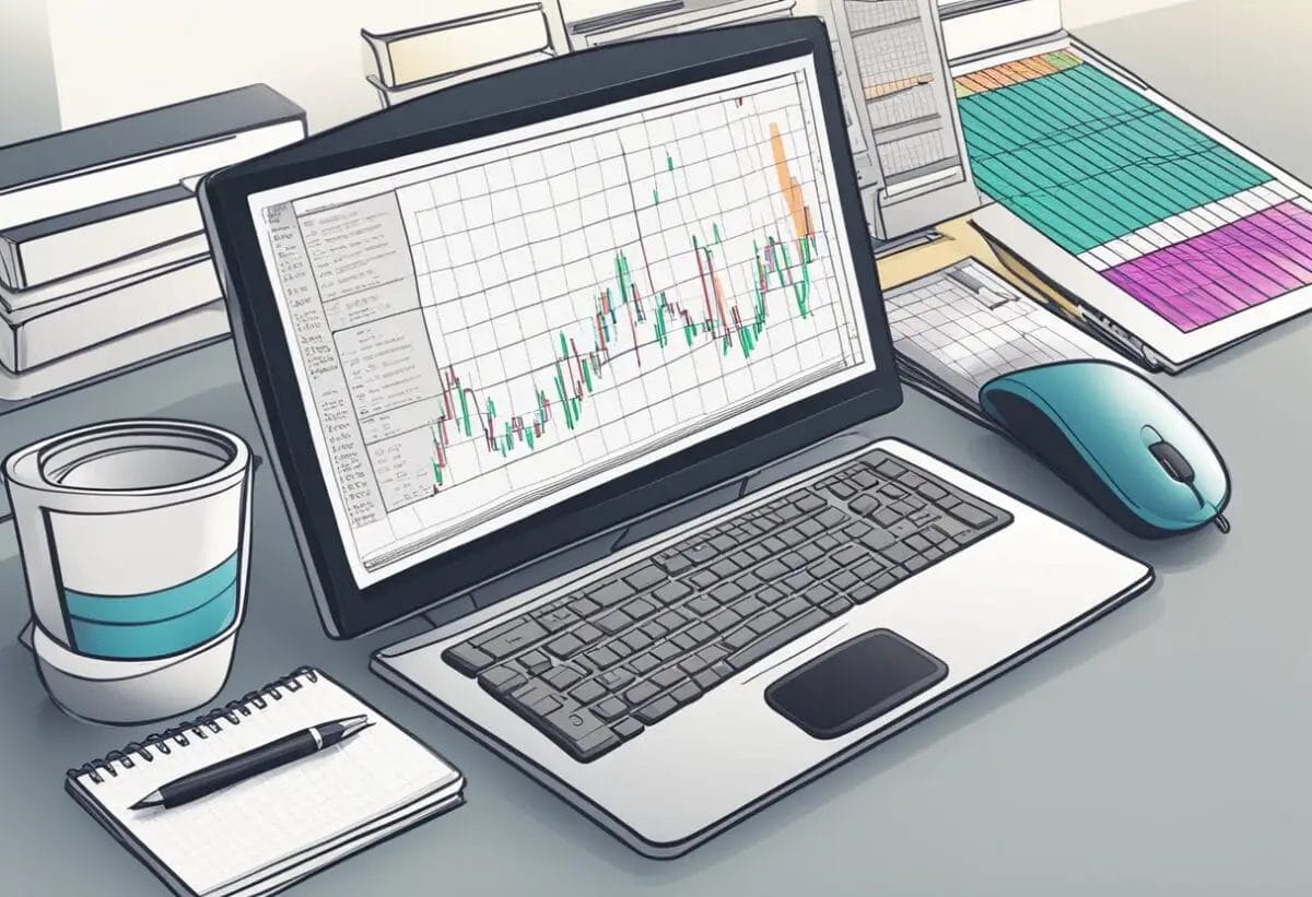 A computer screen with multiple stock charts, a calculator, and a notebook with risk management strategies
