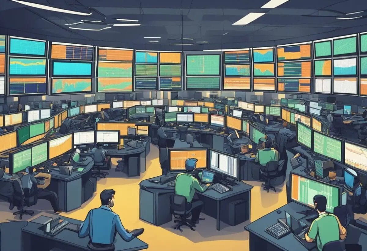 A chaotic trading floor with multiple screens, charts, and flashing numbers. Stressed traders making split-second decisions. Market volatility evident in the fluctuating stock prices